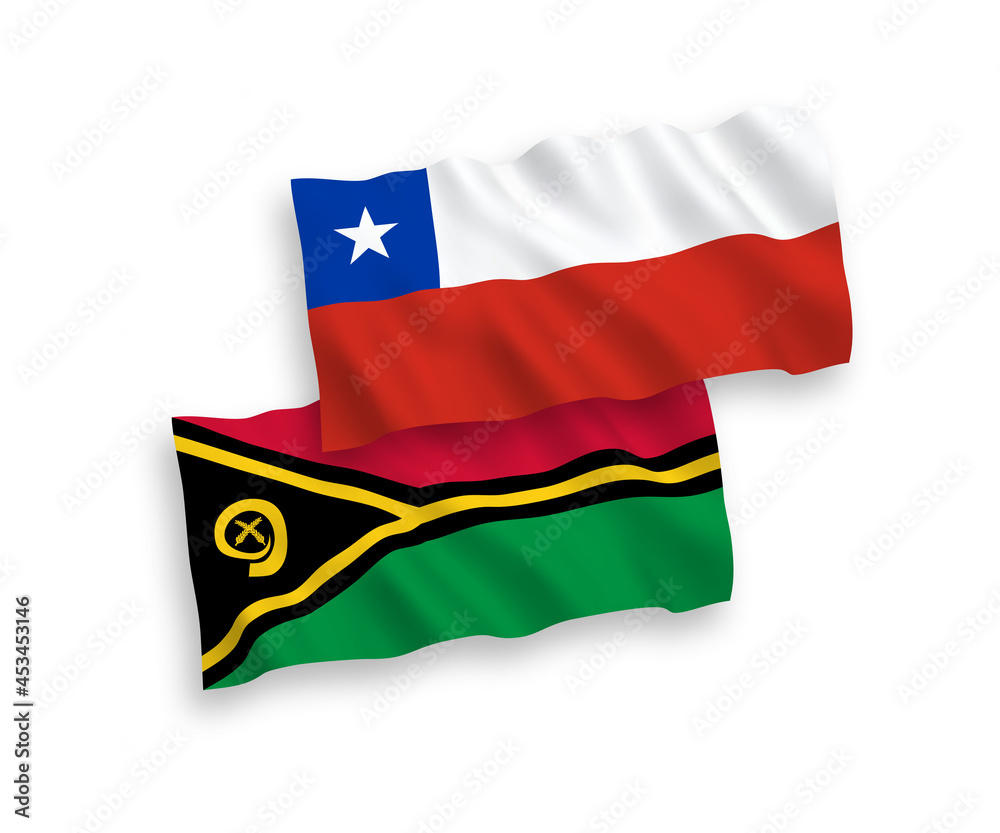 Naklejka premium National vector fabric wave flags of Republic of Vanuatu and Chile isolated on white background. 1 to 2 proportion.