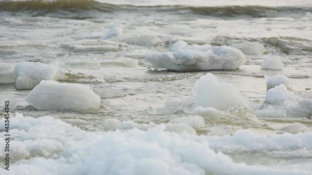 Close-up of large pieces of broken Arctic ice floes bobbing on the waves next to each other. Change and global warming, melting of glaciers and rising water levels in the world. white ice floes. Close-up of large pieces of broken Arctic ice floes bobbing on the waves next to each other. Change and global warming, melting of glaciers and rising water levels in the world. white ice floes.