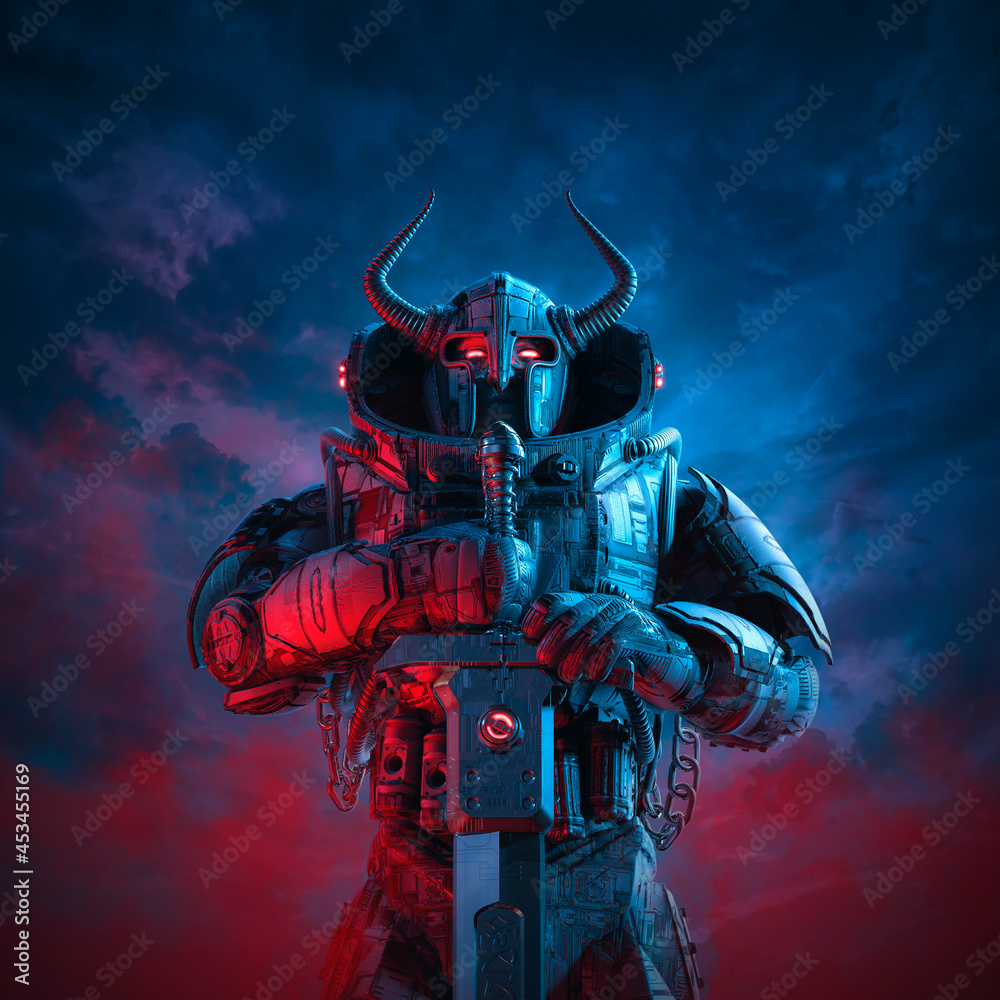 Futuristic viking warrior - 3D illustration of science fiction barbarian  robot knight with horned helmet and battle sword against dark ominous sky  Stock Illustration | Adobe Stock