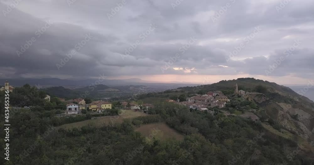 aerial view of the medieval village of Fiorenzuola di Focara with the cliff overlooking the sea near Pesaro in the Marche region of Italy aerial view of the medieval village of Fiorenzuola di Focara with the cliff overlooking the sea near Pesaro in the Marche region of Italy