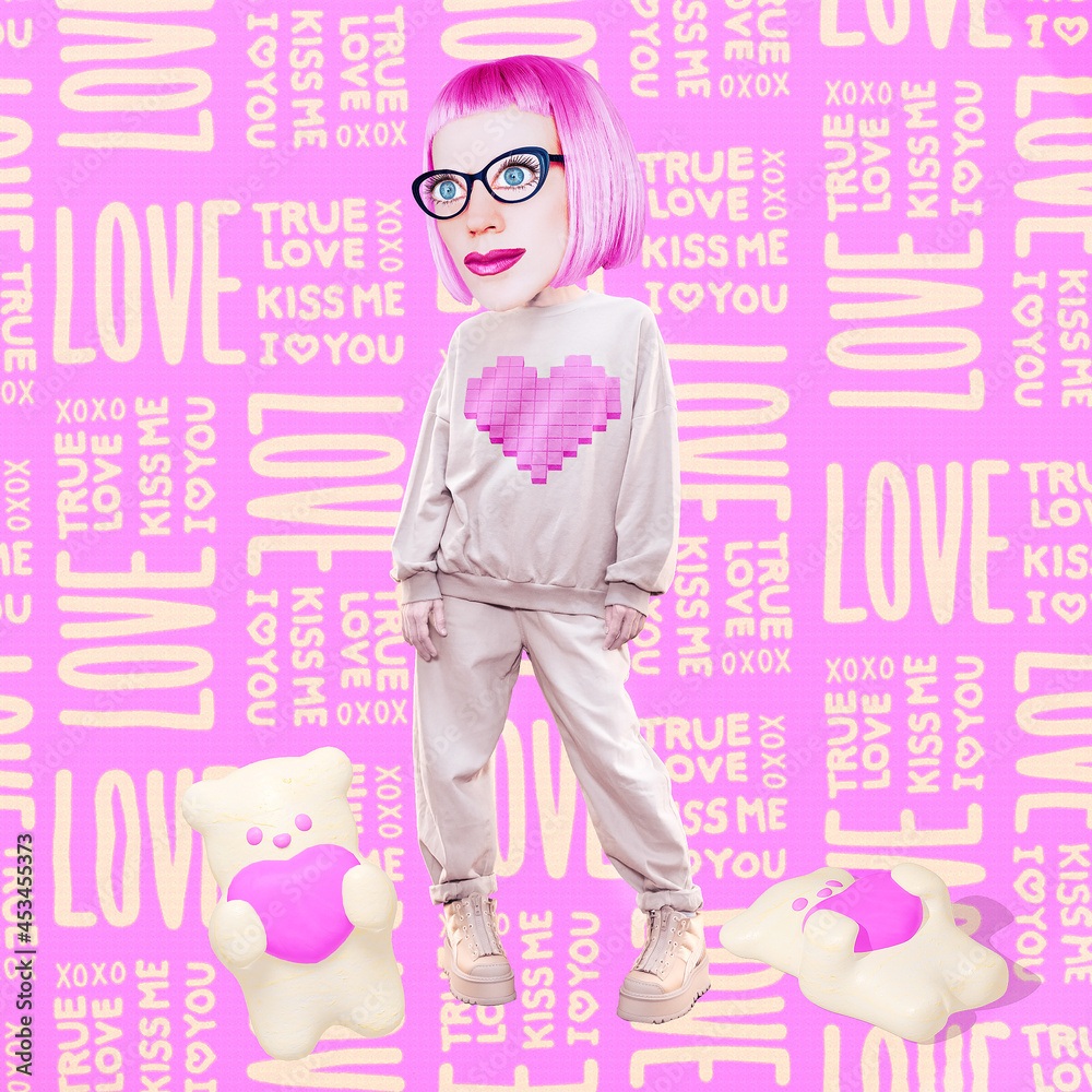 Stylish collage scene. Funny Lady character with bear toys hearts. Text Love. Social networks, promotion concept, likes, Valentine's day, Stylish collage scene. Funny Lady character with bear toys hearts. Text Love. Social networks, promotion concept, likes, Valentine's day,
