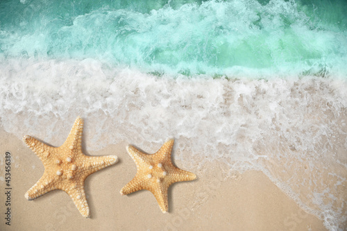 Beautiful waves and sea stars on sandy beach, top view
