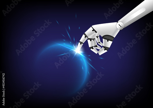 Artificial intelligence of scurity privacy safe. Robot finger touch on glowing sphere of hexagon. High computer of protection. Technology engineer of antivirus and criminal data