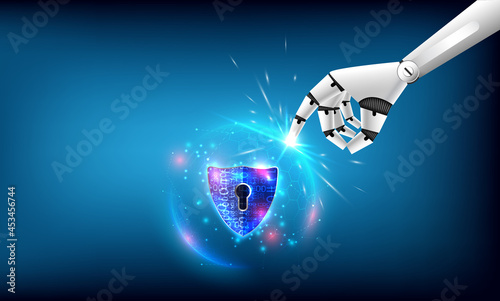 Artificial intelligence of security privacy safe. Robot finger touch on glowing sphere of hexagon and shield. High computer of protection. Technology engineer of antivirus and criminal