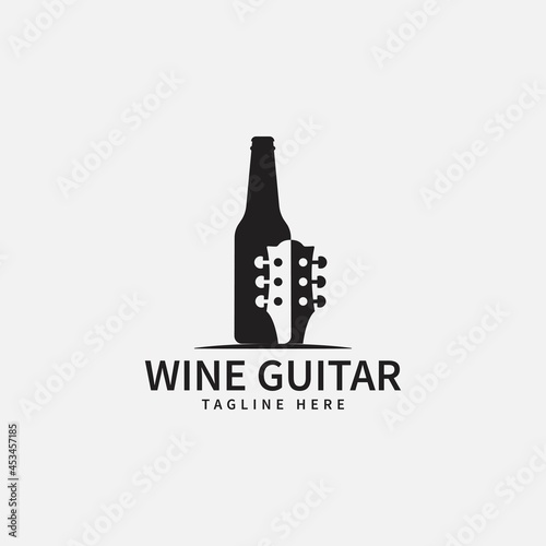 music and wine logo design template. vector illustration of wine bottle icon and guitar icon concept. bar, studio, party club, restaurant symbol icon