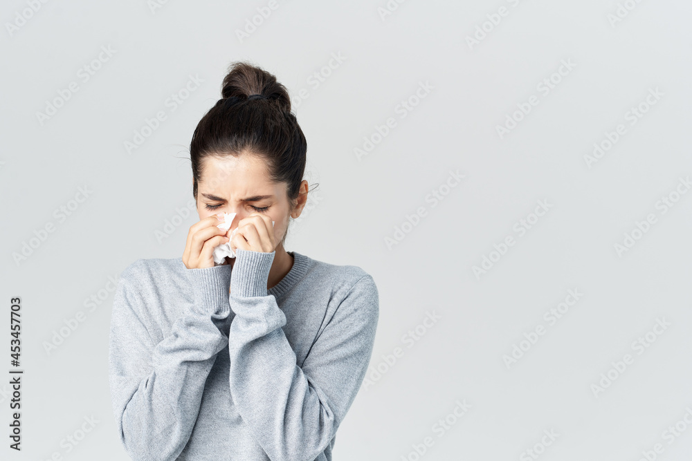 woman with unhappy facial expression cold infection disease woman with unhappy facial expression cold infection disease