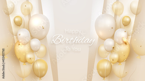 Happy birthday card with luxury balloons and ribbon 3d style realistic on cream shade background. vector illustration for design.