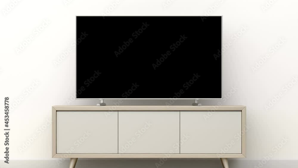 Modern TV with blank screen in the living room, zoom to the screen Modern TV with blank screen in the living room, zoom to the screen