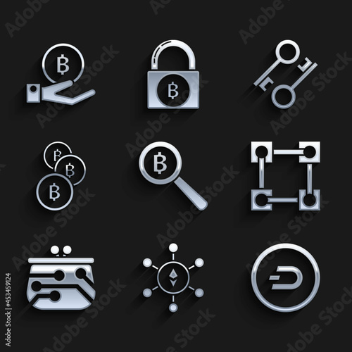 Set Magnifying glass with Bitcoin, Blockchain technology Ethereum ETH, Cryptocurrency Dash, wallet, key and Hand holding icon. Vector