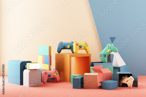 Gaming concept. gamepad and VR with video game console and minimal trendy design colorful pastel.  3d rendering photo