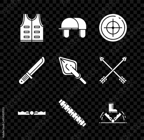 Set Hunting jacket, Hunter hat, Target sport for shooting competition, Trap hunting, cartridge belt with cartridges, knife and Hipster arrow tip icon. Vector