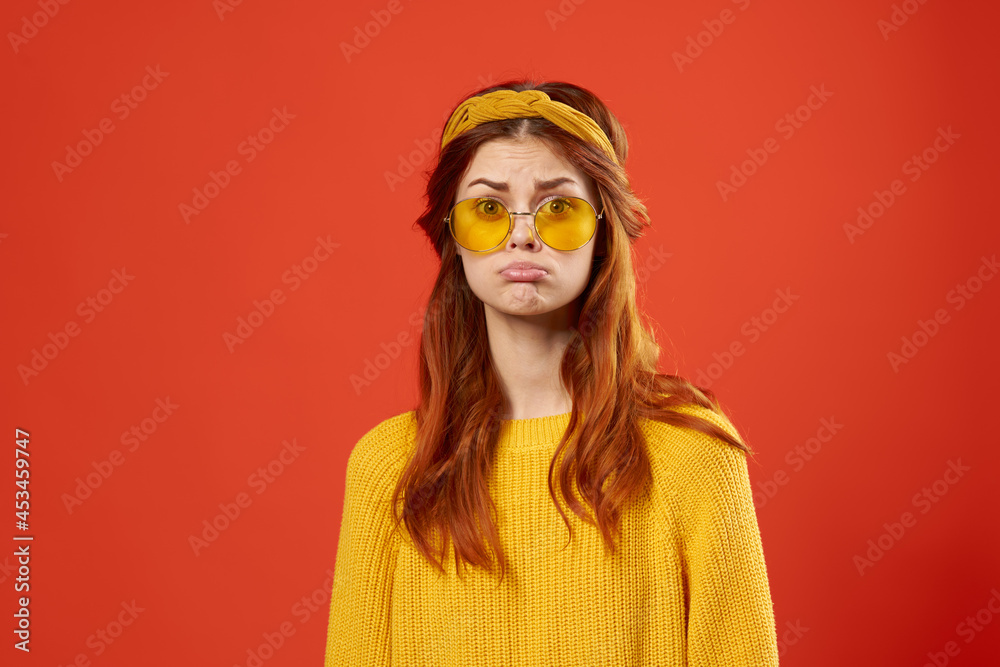attractive woman in yellow sweater glasses fashion decoration studio