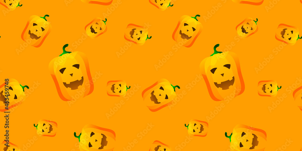 Halloween pumpkin seamless pattern. Festive pumpkin on orange background. Vector illustration for design, invitation, wrapping paper, banner, advertisement, promotion. Halloween concept.
