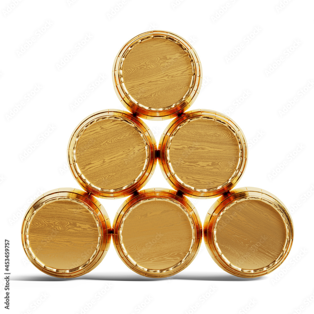 Golden barrels stacked on a white background. Clipping path included, 3d illustration Golden barrels stacked on a white background. Clipping path included, 3d illustration