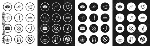 Set Fish, Fishing hook, under water with fish, trophy hanging on the board, boat oars, line and float, worm and Case box container for wobbler gear fishing equipment icon. Vector