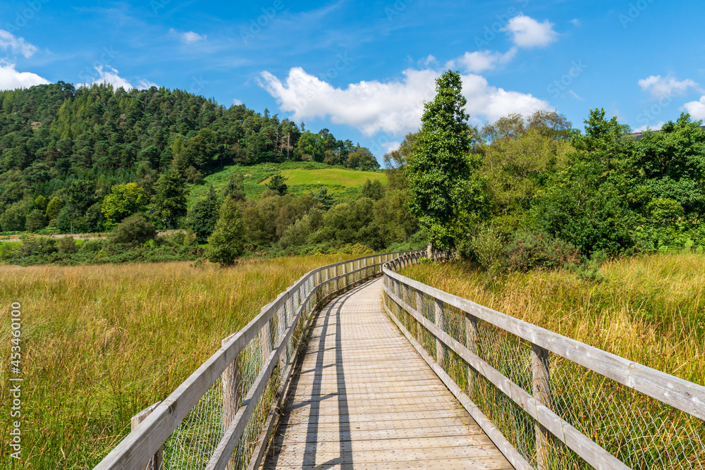 Lower Lake boardwalk through wetland in Glendalough, Wicklow National Park, Ireland, with a spectacular view over the valley.