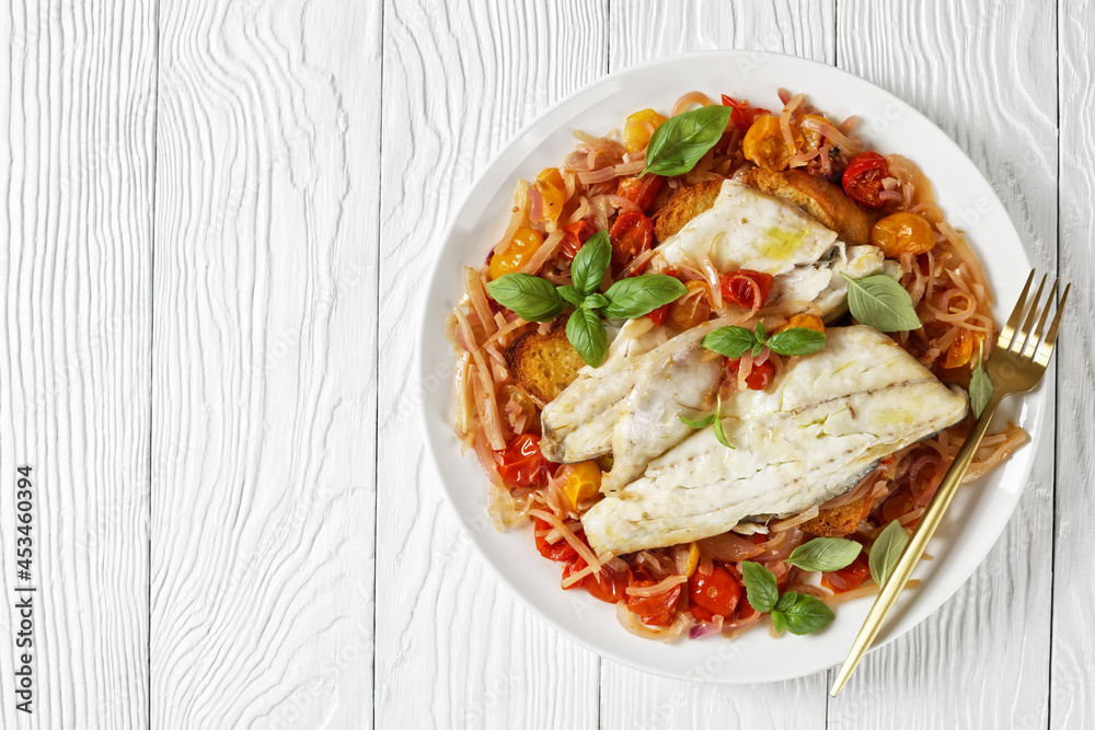 Acqua Pazza, italian poached fish, top view Acqua Pazza, italian poached fish, top view