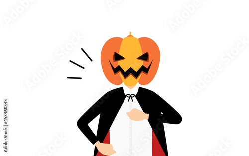 ハロウィンの仮装、カボチャのお化け姿の男の子が胸を叩いているお任せあれのポーズ