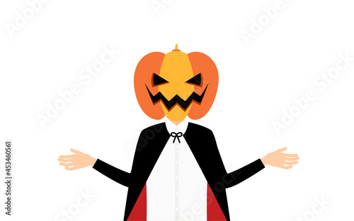 ハロウィンの仮装、カボチャのお化け姿の男の子が両腕を広げるポーズ