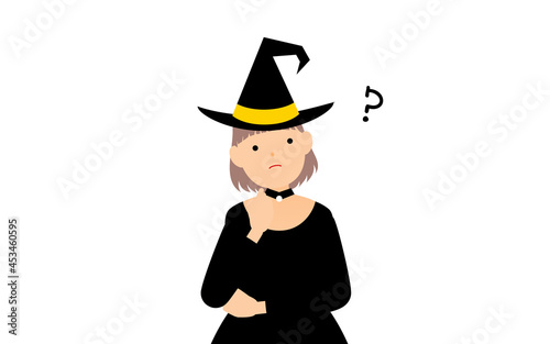 ハロウィンの仮装、魔女姿の女の子が腕組みして悩むポーズ
