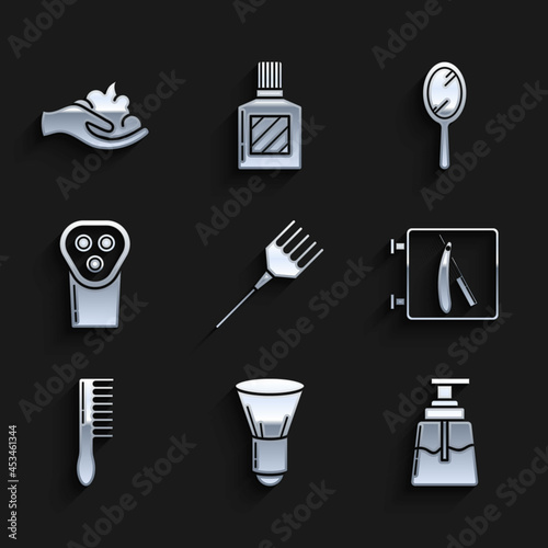 Set Hairbrush, Shaving, Aftershave, Barbershop with razor, Electrical hair clipper shaver, Hand mirror and gel foam on hand icon. Vector