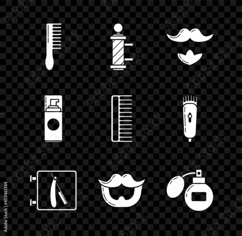 Set Hairbrush, Classic Barber shop pole, Mustache and beard, Barbershop with razor, Aftershave, Shaving gel foam and icon. Vector