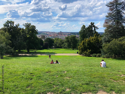 Photography Panoramic view of a city park with urban development off in the distance