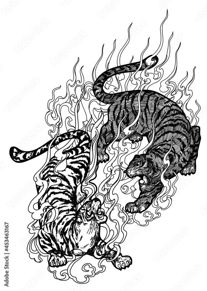 Tiger Line Art Drawing Black And White Tattoo Art | Tapestry