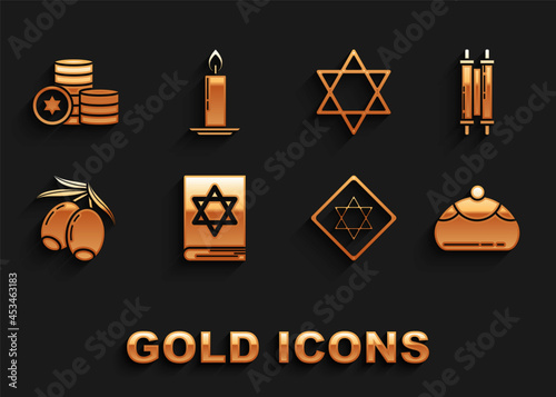 Set Jewish torah book, Torah scroll, sweet bakery, Star of David, Olives branch, coin and Burning candle candlestick icon. Vector