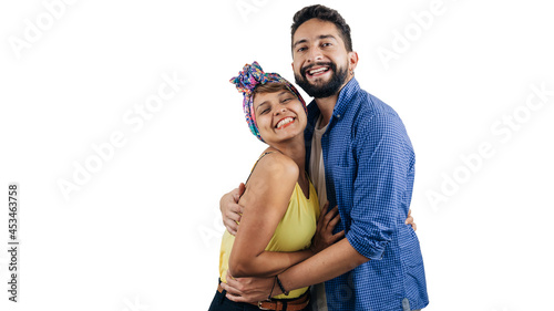 latin man and woman embracing and happy, on white background