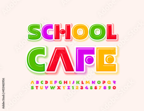 Vector creative sign School Cafe. Bright Kids Font. Abstract style set of Alphabet Letters and Numbers