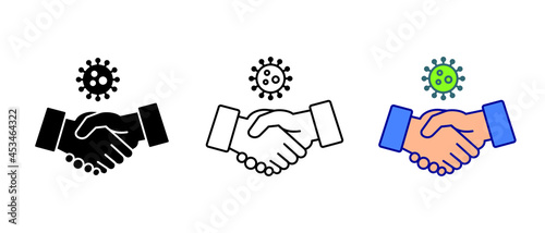 Please avoid physical contact when greeting. Physical distancing. Coronavirus can transmit easily through hands shake. Don't shake hands icon. Vector illustration. Design on white background. EPS 10.