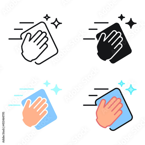 Wipe your hands with a cloth, rag or napkin. Clean hands after washing. Wipe and rag as cleaning or sanitize tool. Hand wiping with cloth icon. Vector illustration. Design on white background. EPS 10