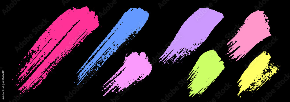 Set of colorful brush strokes. Dirty grunge texture. Different grunge brush strokes. Dirty artistic design elements isolated on black background. Neon colorful ink. Vector illustration