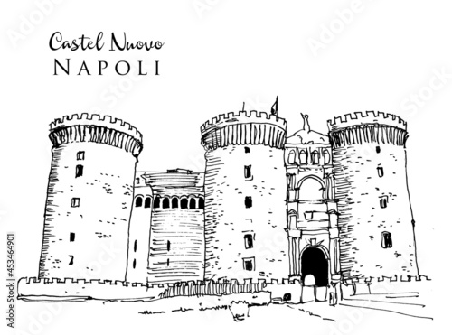 Drawing sketch illustration of Castel Nuovo in naples, Italy