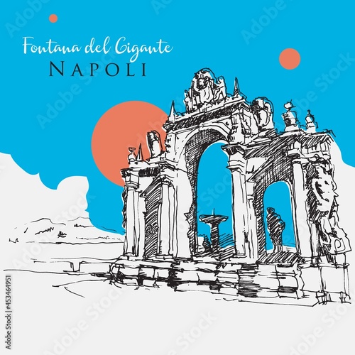 Drawing sketch illustration of Fontana del Gigante or Fontana dell'Immacolatella in naples, Italy