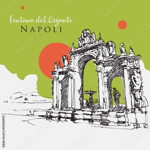 Drawing sketch illustration of Fontana del Gigante or Fontana dell'Immacolatella in naples, Italy