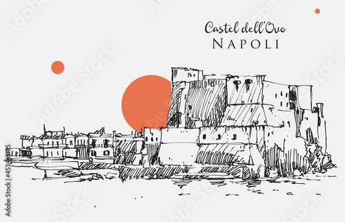 Drawing sketch illustration of Castel dell'Ovo in Naples, Italy