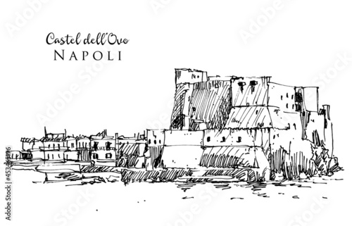 Drawing sketch illustration of Castel dell'Ovo in Naples, Italy
