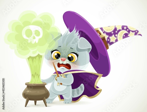 Cute cartoon gray kitten dressed as a wizard scared from the explosion of a potion in a cauldron isolated on a white background