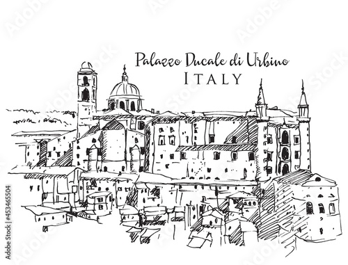 Drawing sketch illustration of Palazzo Ducale in Urbino, Italy