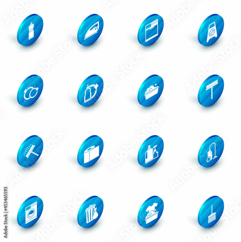 Set Electric iron, Washer, Wet floor and cleaning in progress, Washing dishes, Squeegee, scraper, wiper, Plastic bottles for liquid dishwashing liquid, and basin with soap suds icon. Vector