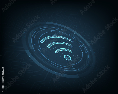 Wifi connecting concept.Futuristic glowing low polygonal wifi symbol on dark blue electric circuit background.Wireless technology, communication.