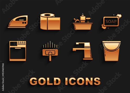 Set Vacuum cleaner, Bar of soap with foam, Bucket, Water tap, Washer, Plastic bottles for liquid dishwashing liquid, Electric iron and Toilet paper roll icon. Vector