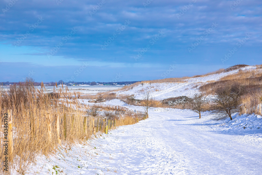Snowy landscape with hills and meadows in Buytenpark Zoetermeer, the Netherlands