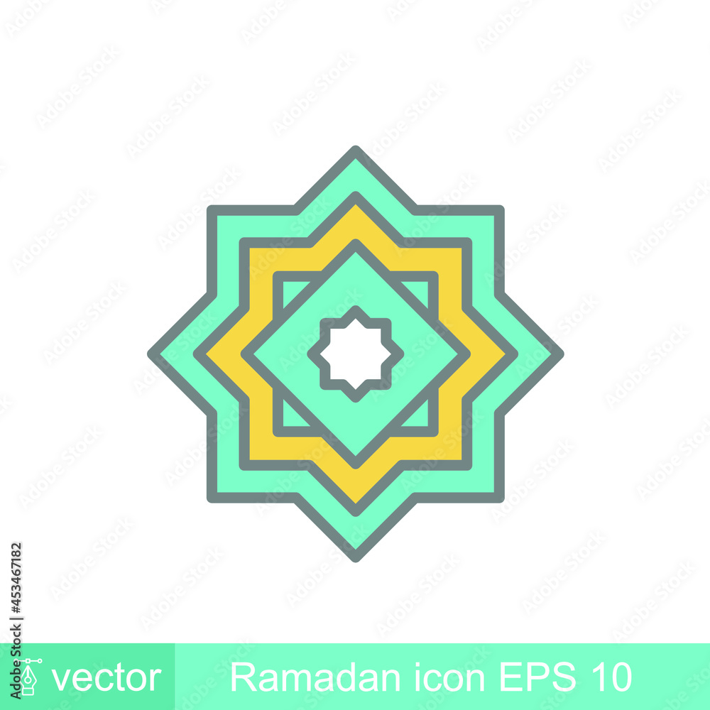 Two overlapping square fo arabic calligraphy. Spiritual tradition. Quran, Emblems and flag. Rub el hizb, eight pointed star, arab culture icon. Vector illustration. Design on white backgound. EPS 10