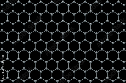 Graphene single layer background. Three-dimensional schematic molecular structure of graphene. Carbon atoms arranged in two-dimensional, flat honeycomb lattice and hexagonal grid, on black background. photo