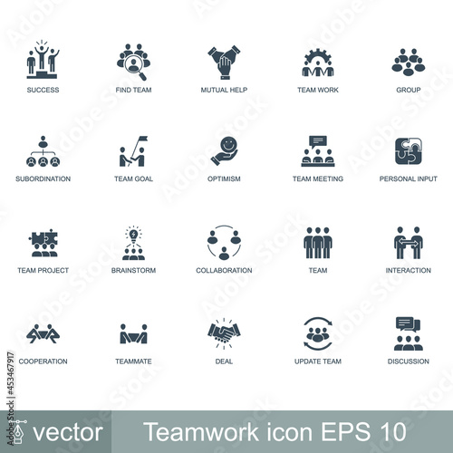 Teamwork signage set for business project include brainstorming, Team goal, meeting, etc. Simple set of team work related vector solid icons. Vector illustration. Design on white background. EPS 10