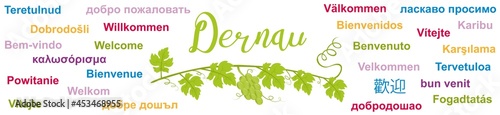 Herzlich Willkommen in Dernau im Ahrtal, Banner mit Grüßen in verschiedenen Fremdsprachen