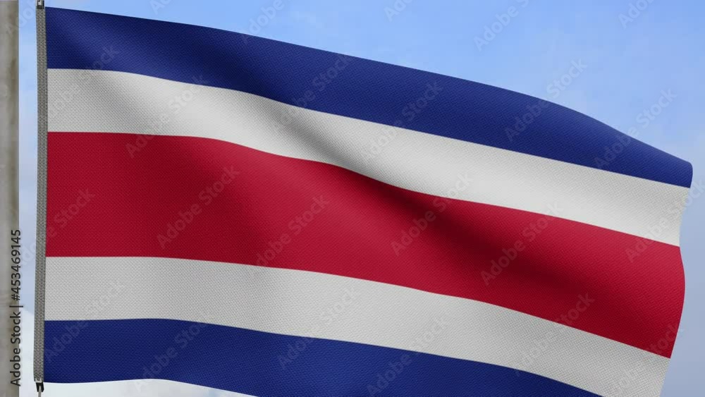 3D, Costa Rica flag waving on wind with blue sky and clouds. Close up of Costa Rican banner blowing, soft and smooth silk. Cloth fabric texture ensign background.-Dan 3D, Costa Rica flag waving on wind with blue sky and clouds. Close up of Costa Rican banner blowing, soft and smooth silk. Cloth fabric texture ensign background.-Dan